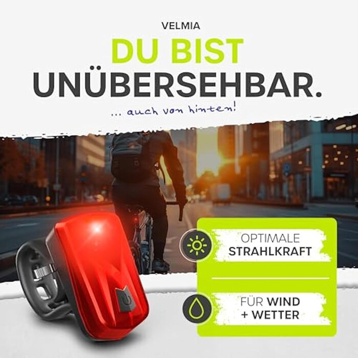 Велофара Velmia: комплект ліхтарів StVZO з USB-живленням та 8,5 годин роботи | LED, водонепроникний, перезаряджається | Фронтальний + задній ліхтар (70 Lux)