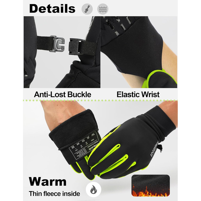 Рукавички зимові для катання на лижах та велосипеді з сенсорним екраном, вітрозахисні, теплі, WF709, зелені (чорний & зелений), XL