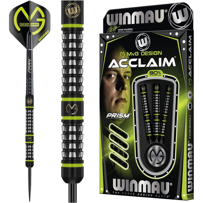Дротики WINMAU MvG Acclaim 25 г з вольфрамовим сталевим наконечником, набір з оперенням і стрижнями для дартсу
