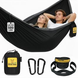 Гамак Wise Owl Outfitters для двох осіб - ультралегкий дорожній гамак (до 226 кг) + кріплення та карабіни (чорно-сірий)