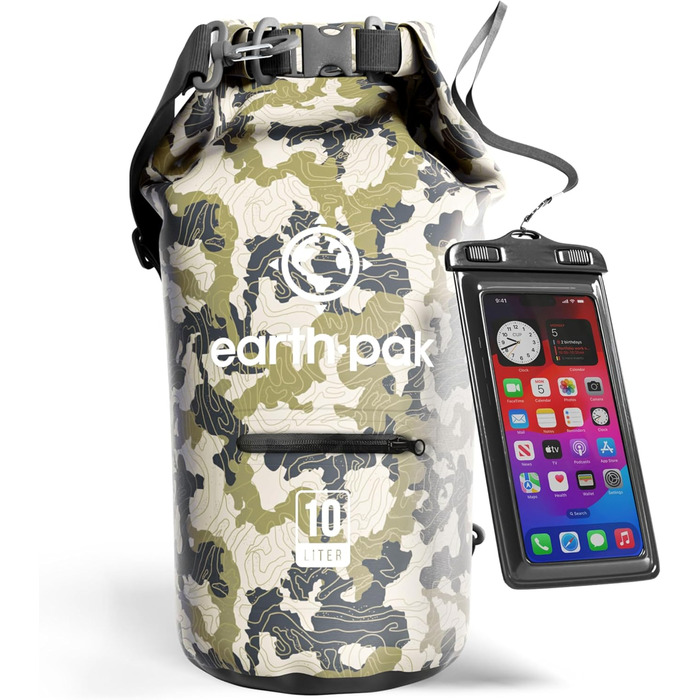 Водонепроникний мішок Earth Pak Dry Bag 10L – міцний рюкзак для каякінгу, кемпінгу, риболовлі та рафтингу (камуфляж, зелений)