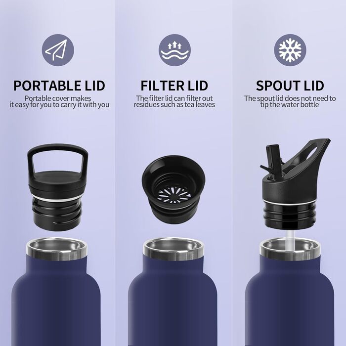 Термофляга 500 мл, нержавіюча сталь, з соломкою, без BPA, подвійна ізоляція, для води, термокружка, витримує газовані напої, темно-синій