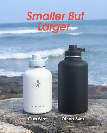 Coolflask пляшка для води 2 л з нержавіючої сталі з PU-чохлом, термос з металу із кришкою зі соломинкою, тримає холод 48 годин, гаряче 24 години, небесно-блакитна