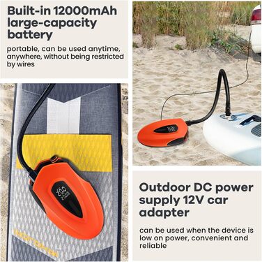 Електричний насос для SUP з акумулятором 12000mAh, 20PSI, 6 насадок для надування/здування, 12V DC, автовимкнення, для SUP, серфінгу, наметового обладнання, матраців