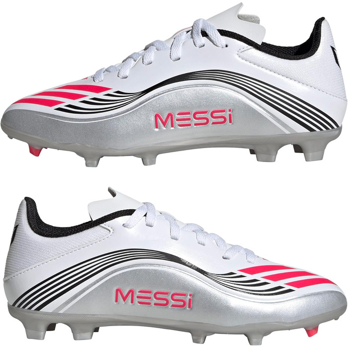 Дитячі футбольні бутси adidas F50 Messi League для гри на твердих та універсальних покриттях, розмір 37 1/3 EU, кольори: білий, червоний, срібло