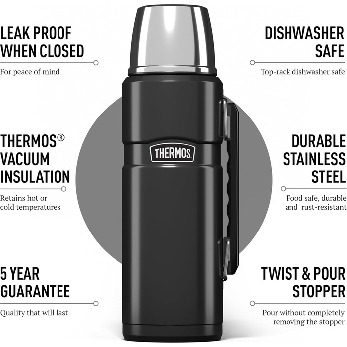 Термос King Thermos 1,2 л, нержавіюча сталь, з чашкою та ручкою, сірий