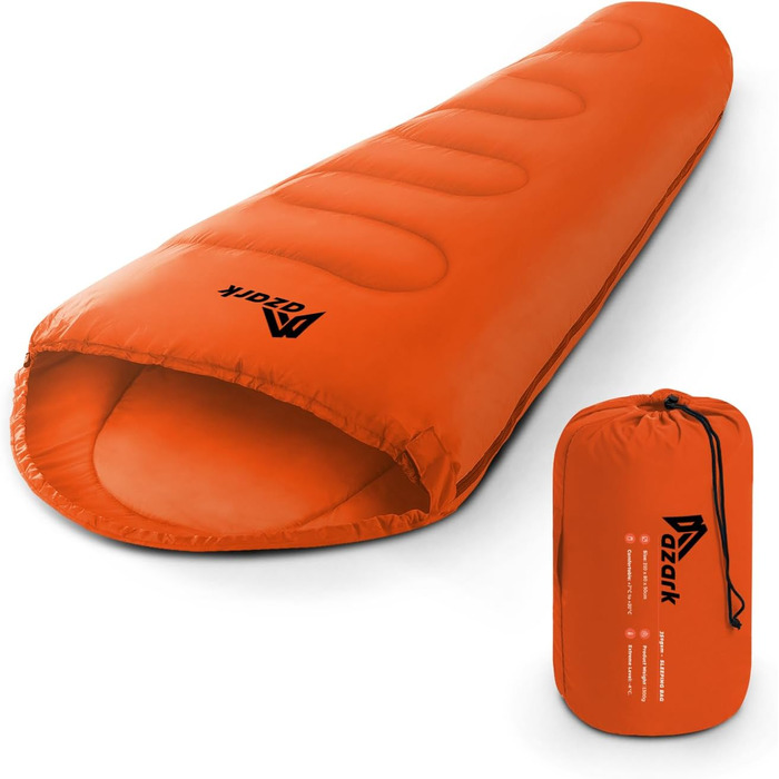 Спальний мішок Azark Premium, 350 г/м², легкий та водонепроникний, 4 сезони, для кемпінгу, піших прогулянок та відпочинку на природі, для дорослих та дітей, помаранчевий