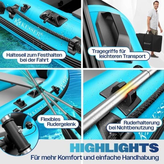 Надувний човен KESSER Wave 230-320 см (6 елементів): човен, лавка, насос, весла, ремкомплект, сумка. Можливість встановлення мотора, для солоної води.