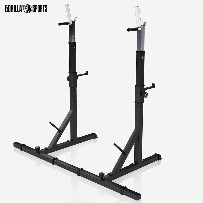 Стойка для присідань GORILLA SPORTS, регульована висота і ширина, з дип-станцією, тримачем для дисків, вантажопідйомність 200-250 кг