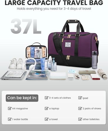 Спортивна сумка LOVEVOOK для подорожей: 37L, з культ. сумкою, відділенням для взуття та мокрих речей. Ідеальна для спортзалу, йоги, подорожей та авіаперельотів. Чорно-фіолетовий колір.