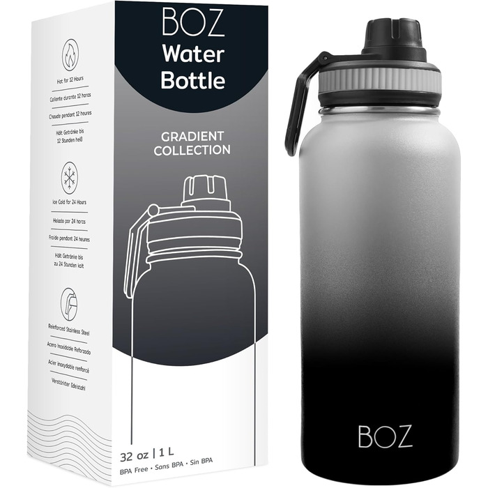 Термобутилка BOZ з нержавіючої сталі 1л, герметична, ізольована, BPA-free, для газованої води та спорту, чорний градієнт