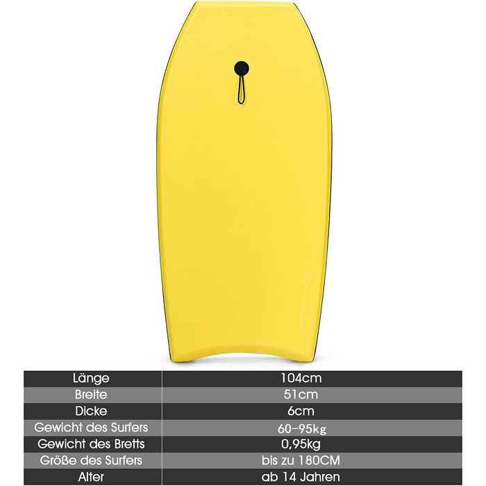 Дошка для бодібордингу COSTWAY 104x51x6 см, жовто-зелена, для дітей та дорослих, плавальна дошка, серфборд, SUP-дошка