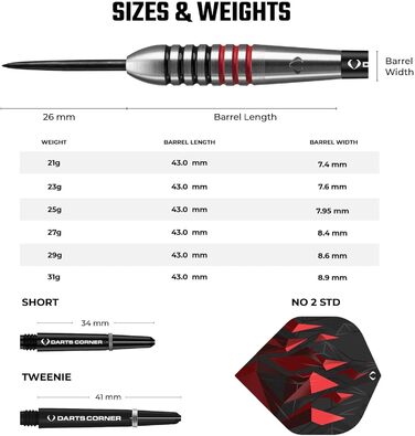 Набір дартсів Darts Corner Astrofire 90% вольфрам, сталеві наконечники, 6 флайтів, 6 шафтів, платіжна карта, кейс для зберігання, кільця
