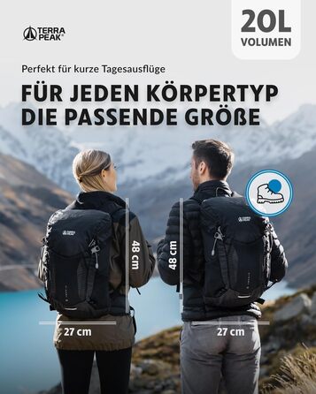 Рюкзак Terra Peak для походів 20 л, чорний, вентильована спинка, тримач для питної системи, дощовик, з поясом на стегнах, для одноденних турів, міський та трекінговий рюкзак