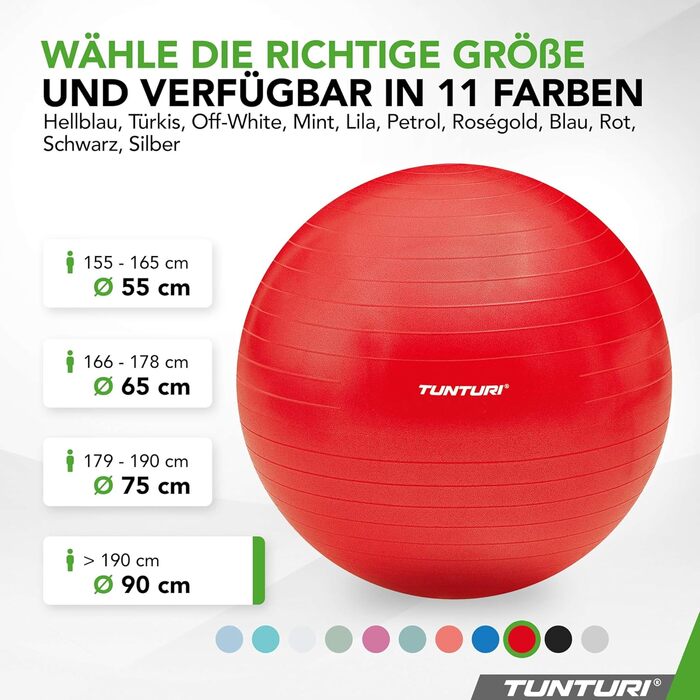 Фітнес-м'яч Tunturi Anti-Burst з насосом, 65 см - для йоги, пілатесу, вагітності, 220 кг, з тренувальним додатком, червоний