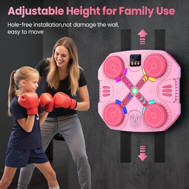 Дитяча боксерська машина з підсвіткою та музикою, Bluetooth, 5 швидкостей, 2 режими тренування, підрахунок ударів, кріплення на стіну (Рожева)