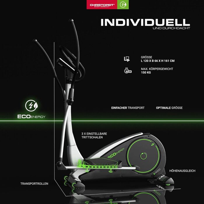 Еліптичний тренажер-ергометр Christopeit Sport Eco 2000 з генератором, USB, підтримкою Kinomap