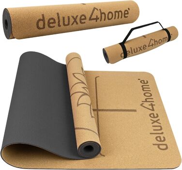 Йога мат Kork Deluxe4home® з TPE: антиковзка фітнес-тренувальна килимок для йоги та пілатесу з ручкою, з розміткою, чорний