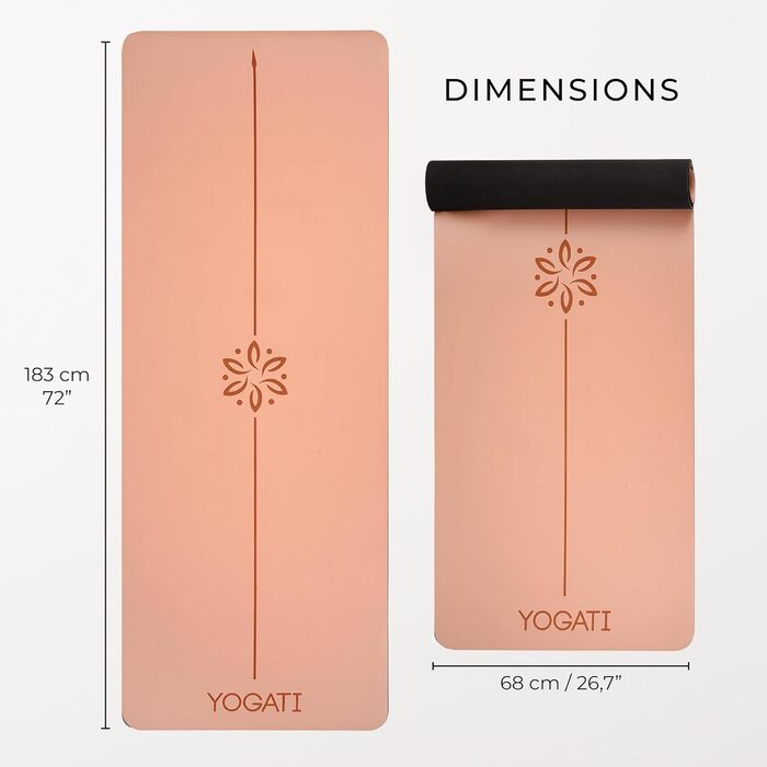 Протиковзкий килимок для йоги та фітнесу YOGATI з натурального каучуку, великий килимок для пілатесу та тренувань з розміткою та сумкою, коричневий