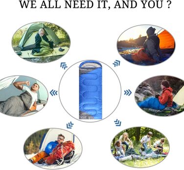 Спальний мішок 3-4 сезони для дорослих та дітей, блакитно-сірий. Легкий, водонепроникний, компактний для кемпінгу та подорожей. Розмір 219.9 x 79.9 см