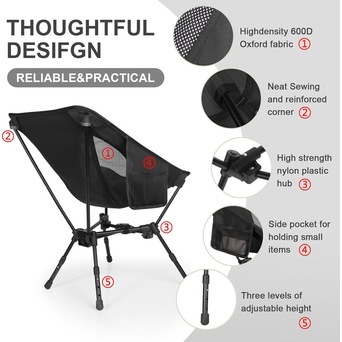 Складний туристичний стілець TOPCHANCES для кемпінгу та відпочинку на природі, чорний. Максимальне навантаження: 150 кг, з бічною кишенею та дихаючою сіткою.