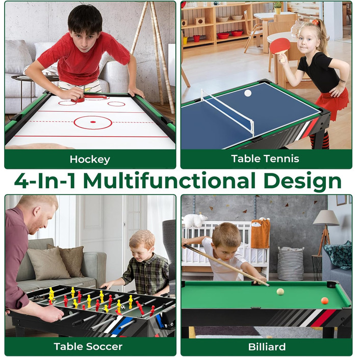 HOMASIS 4-в-1 ігровий стіл з аксесуарами: пінг-понг, хокей на повітрі, більярд, кікер. Підходить для дітей та дорослих, ідеально для барів та вечірок.