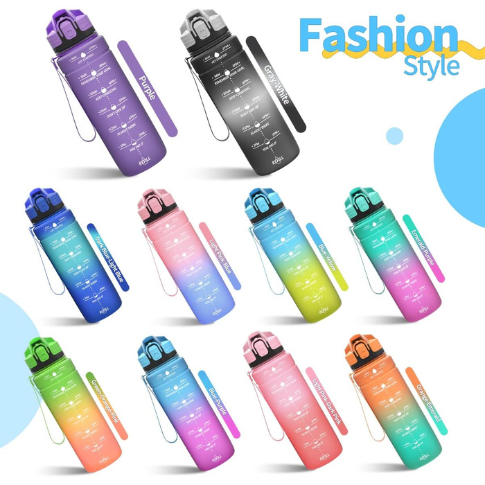 Дитяча спортивна пляшка для води 500 мл блакитно-лілова з мітками часу, Tritan, BPA Free, без витоку, для школи та спортзалу