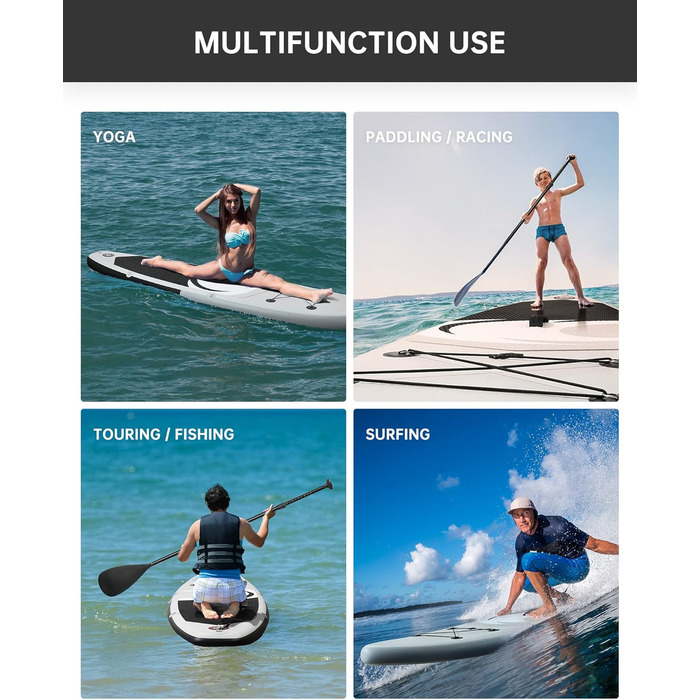Надувне SUP дошка BODIOO для веслування, йоги, риболовлі. Комплект з аксесуарами: насос, весло, лінія, рюкзак. Підходить для дорослих, молоді та дітей. Білий колір.