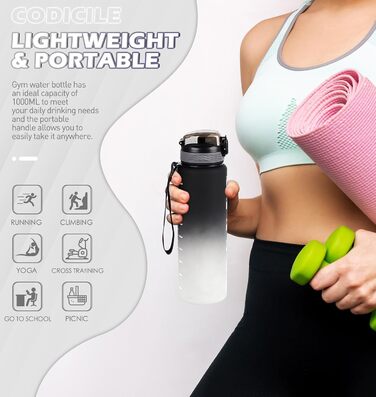 Водна пляшка CodiCile 1л зі трубочкою, спортивна, з маркуванням часу, чорно-сіра