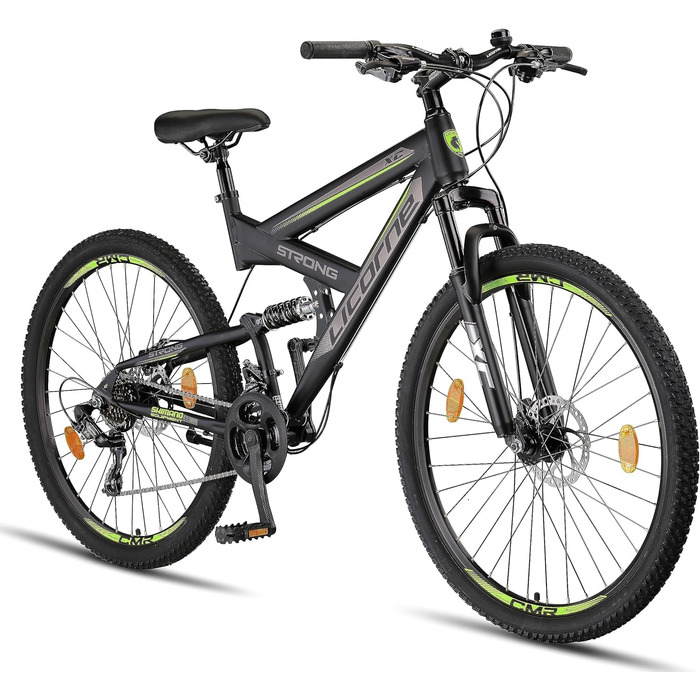 Гірський велосипед Licorne Bike Strong 2D Premium 27,5 дюймів, для хлопців, дівчат, жінок і чоловіків, з дисковими гальмами, 21 швидкість, повна амортизація, чорний/лайм