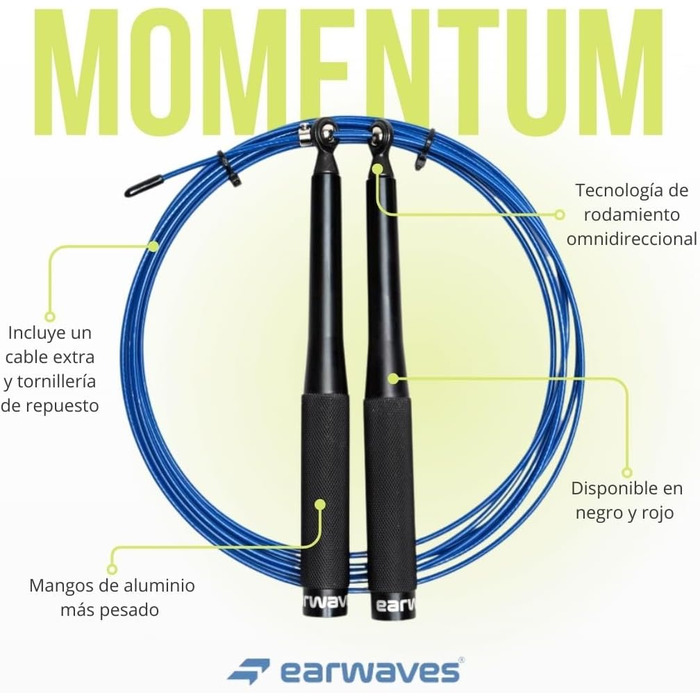 Скакалка Earwaves Momentum, алюмінієва ручка, 3 м сталевий трос з ПВХ покриттям, додатковий кабель