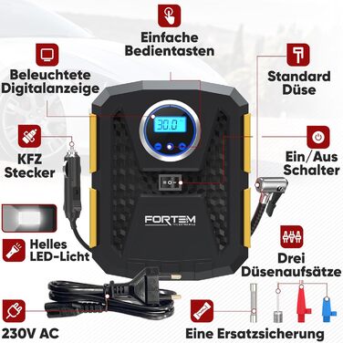 Електричний компресор FORTEM для авто і велосипедних шин, 12В/230В, з LED-підсвічуванням, цифровий манометр, автоматичне відключення