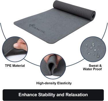 Килимок для йоги StrongTek TPE 183x61x0,6 см, нековзкий, легкий, з ременем для перенесення, для йоги, пілатесу та фітнесу, чорний/сірий