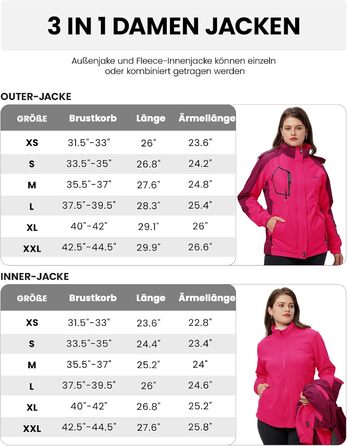 Жіноча 3-в-1 зимова куртка: водонепроникна, вітрозахисна, з флісовою підкладкою та знімним капюшоном, рожевого кольору