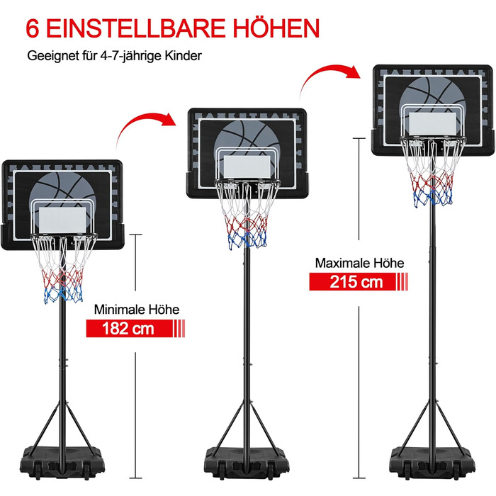 Баскетбольне кільце Yaheetech з регульованою висотою на стійці з колесами для вулиці та приміщення 264 см