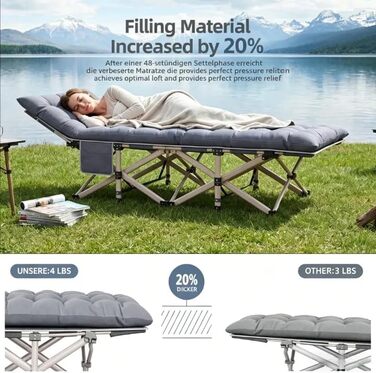 Ліжко туристичне розкладне Feldbett XXL 250 кг 2 шт сіре - 7 зон, 1200D Oxford, кут нахилу 15°, для кемпінгу, саду, палатки
