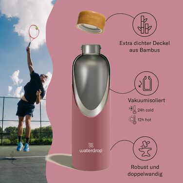 Термобутилка Waterdrop з нержавіючої сталі 600 мл, ізольована, герметична, подвійні стінки, зберігає холод до 24 годин і тепло до 12 годин, підходить для газованої води, ударостійка