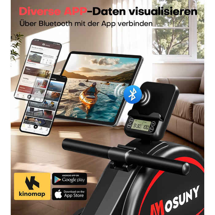 Гребний тренажер для дому з регулюванням опору 16/32 рівні, тихий магнітний, з LCD-дисплеєм, до 180 кг, чорний+червоний