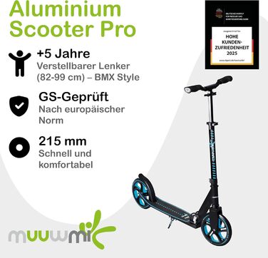 Скутер Muuwmi Pro з алюмінію – для дітей та дорослих, 215 мм, ABEC 7, регульована висота, блакитний, сертифікат GS
