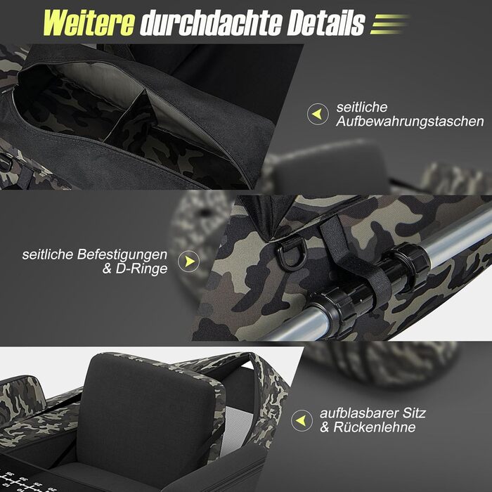 Надувне рибальське човен GYMAX: компактне belly boat з насосом, веслами та регульованими ременями. Міцне, до 150 кг, з лінійкою для риби, камуфляж.