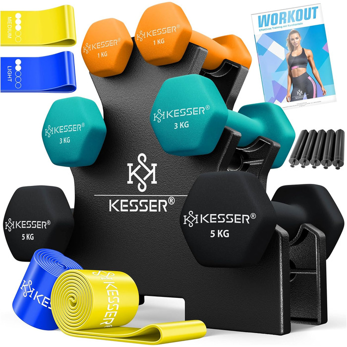 Набір гантелей KESSER® 18 кг з підставкою, 3 пари (1-5 кг), неслизьке неопренове покриття, з інструкцією та фітнес-гумками