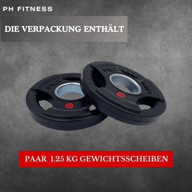 Преміум олімпійські диски PH Fitness 1.25 кг, чавунні з гумовим покриттям, трихватні, 50 мм для штанги та гантелей, набір 2 шт.