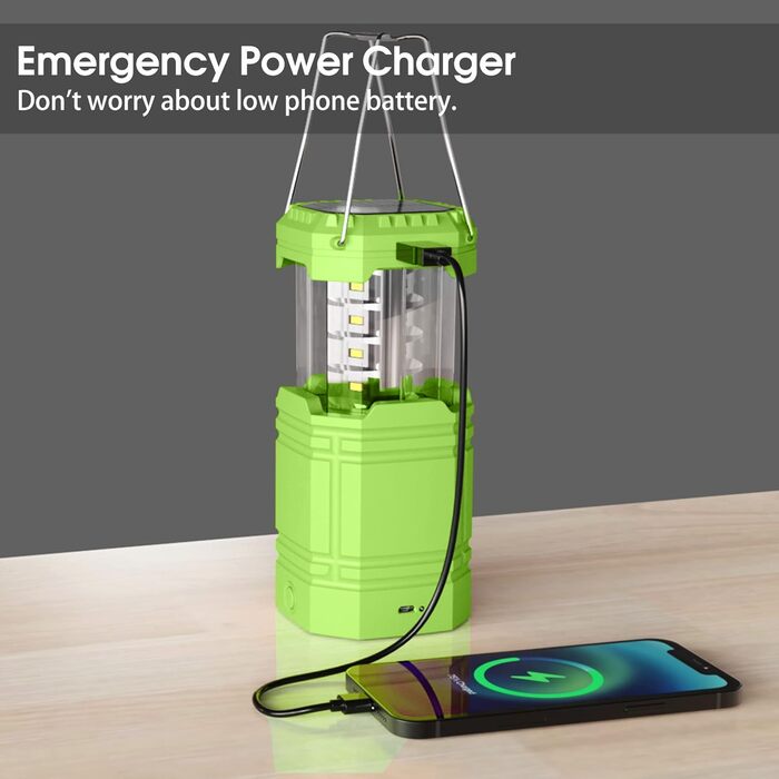 Сонячна кемпінгова лампа з ручним заводом, LED ліхтарик, 3000mAh Power Bank, водонепроникна для кемпінгу та подорожей (зелена)