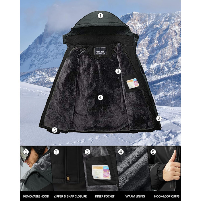 Зимова куртка KEFITEVD для чоловіків: водонепроникна, тепла, з відстібаною капюшоном, флісова куртка Softshell, чорно-сірий (S)