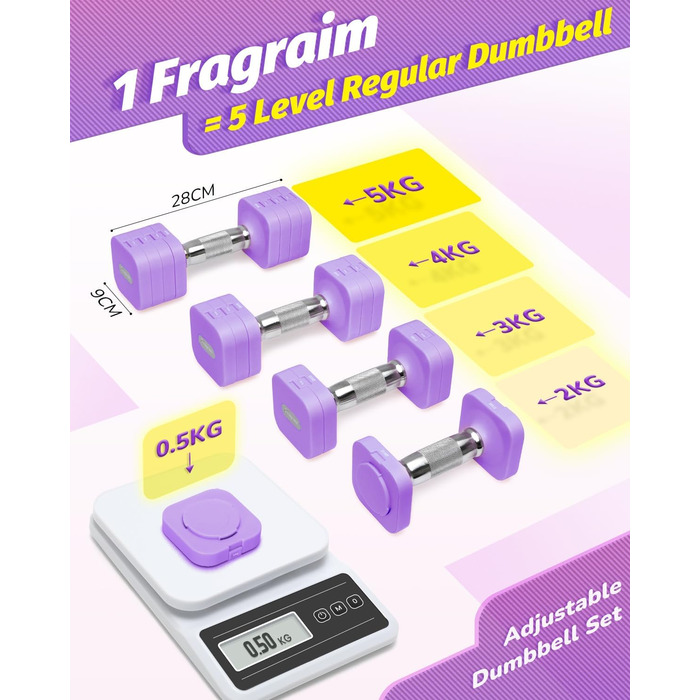 Набір гантелей Fragraim 5 кг x 2, регульовані, для дому, фітнесу, силових тренувань (фіолетовий)
