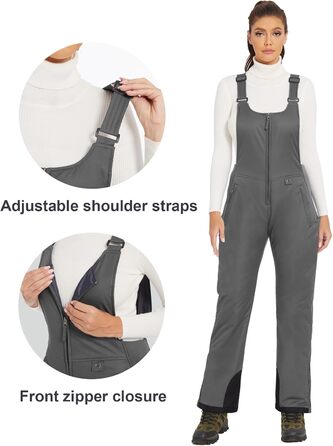 Жіночі гірськолижні штани GEMYSE, водонепроникні, вітронепроникні, з регульованими лямками, комбінезон для холодної погоди (XL, сірий)