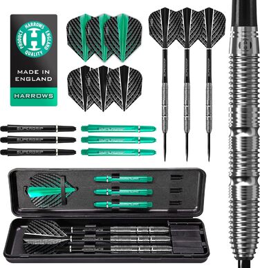 Дартси Harrows NX Elite 90% вольфрам, стальні наконечники, 21-26 г, комплект 17 в 1 з Supergrip, Quantum Flights і кейсом