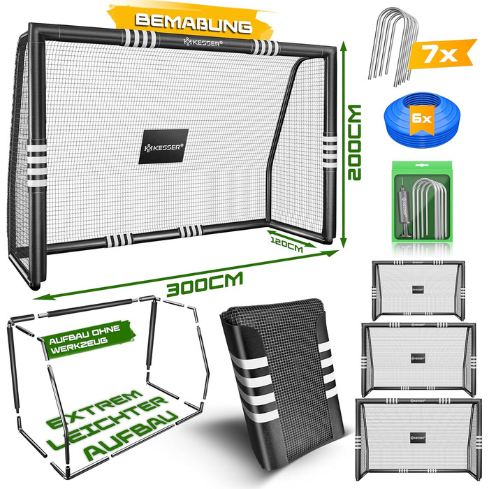 Ворота для футболу KESSER® для саду, 300 см, міцні, для тренувань, чорні