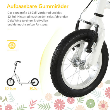 Дитячий самокат HOMCOM Самокат від 5 років, дитячий самокат Kick Scooter City Scooter з пневматичною шиною 12 дюймів, гума алюміній, білий| Аосом