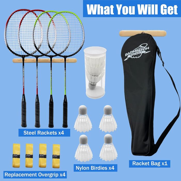 Набір для бадмінтону Magicorange 4 шт. для ігор на вулиці, включає 4 ракетки, 4 волани, 4 запасні намотки та 1 сумка. Червоний та зелений колір